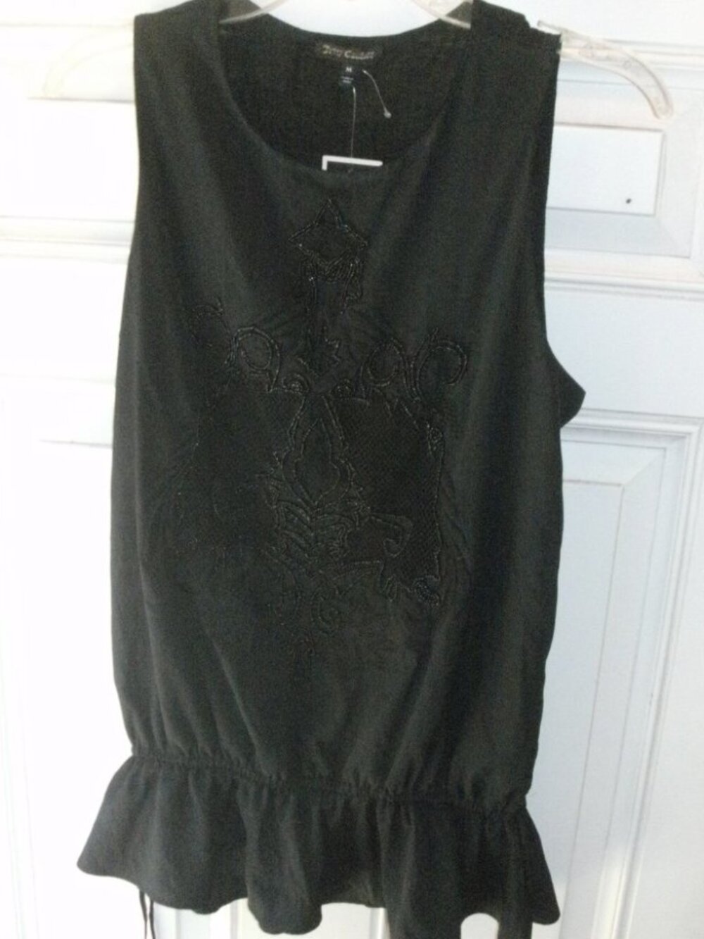 NWT JUICY COUTURE Silky Embellished Beaded Sleeveless Black Peplum Top Blouse M